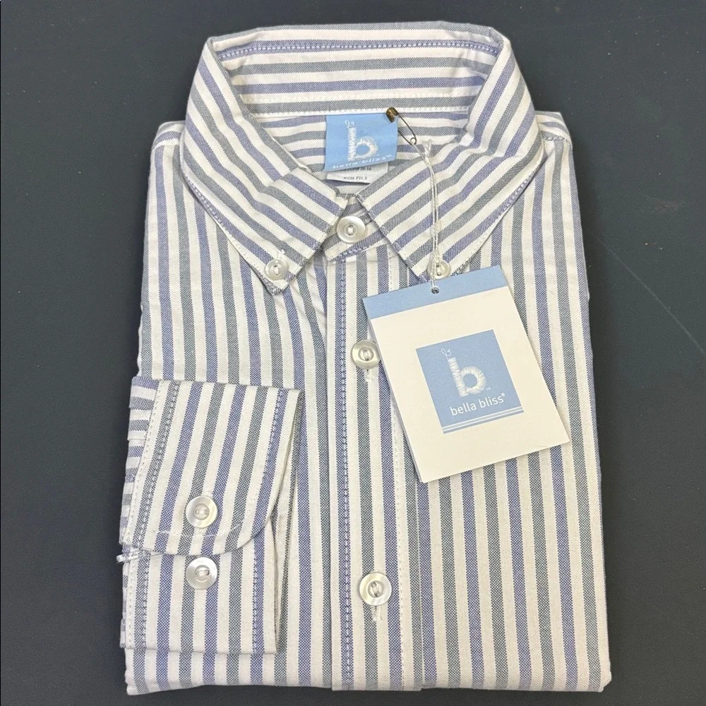 Sz 12 Bella Bliss Boy's Blue Striped Shirt button up long sleeve 100% cotton